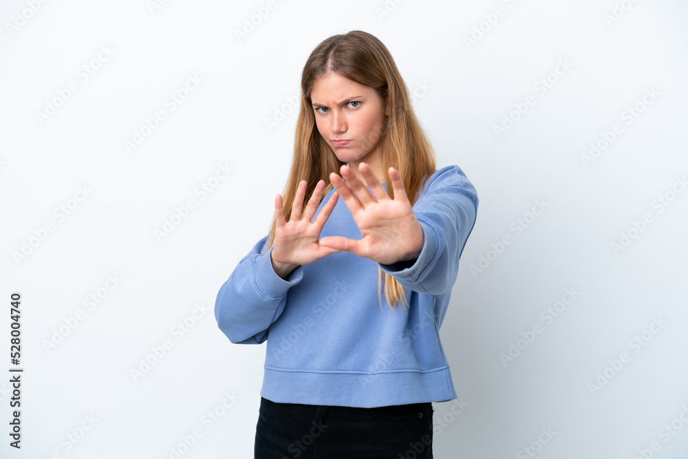 Young blonde woman isolated on white background nervous stretching hands to the front Young blonde woman isolated on white background nervous stretching hands to the front