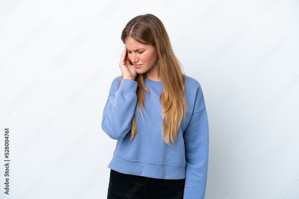 Young blonde woman isolated on white background with headache Young blonde woman isolated on white background with headache