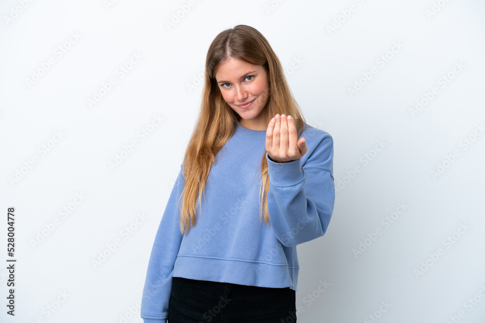 Young blonde woman isolated on white background inviting to come with hand. Happy that you came Young blonde woman isolated on white background inviting to come with hand. Happy that you came