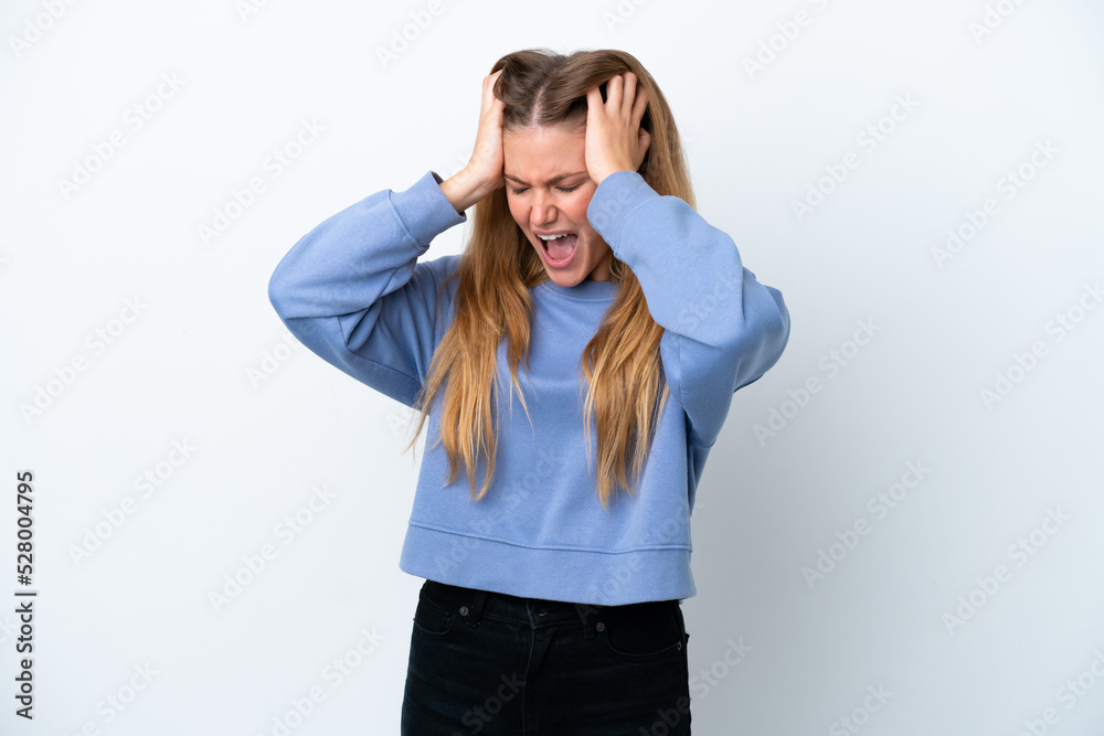 Young blonde woman isolated on white background stressed overwhelmed Young blonde woman isolated on white background stressed overwhelmed