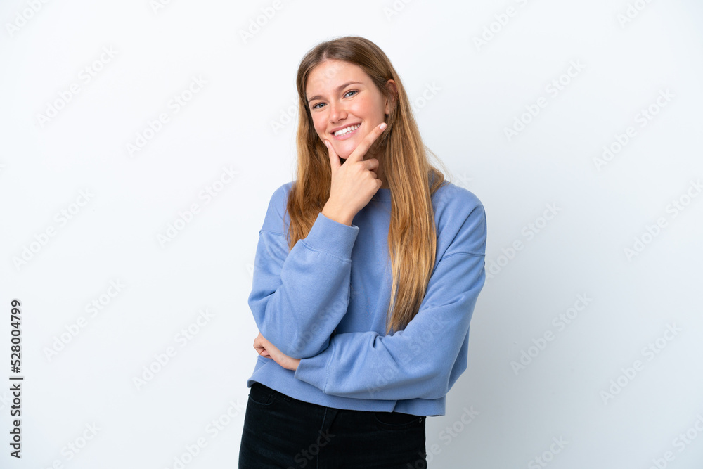 Young blonde woman isolated on white background happy and smiling Young blonde woman isolated on white background happy and smiling
