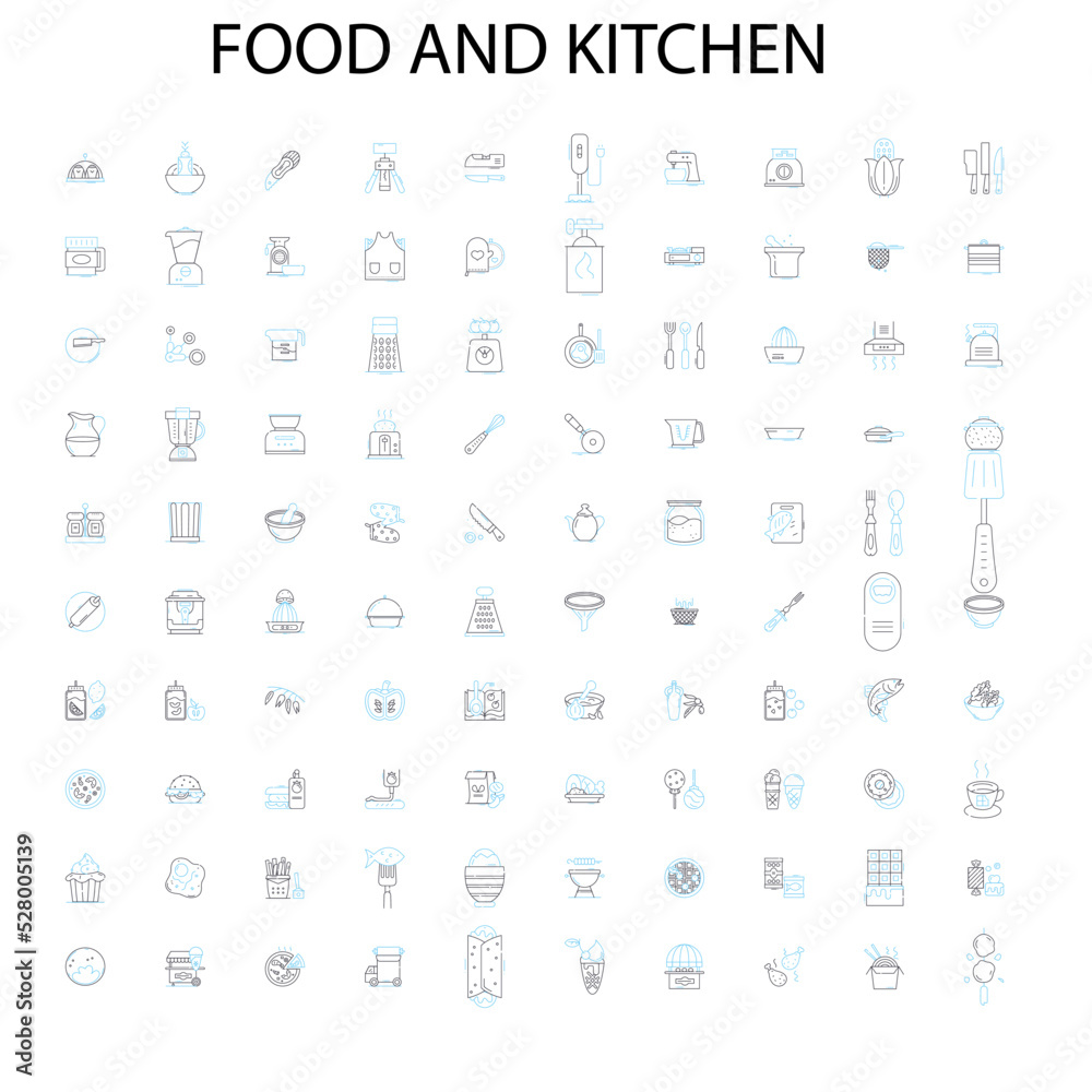 food and kitchen icons, signs, outline symbols, concept linear illustration line collection