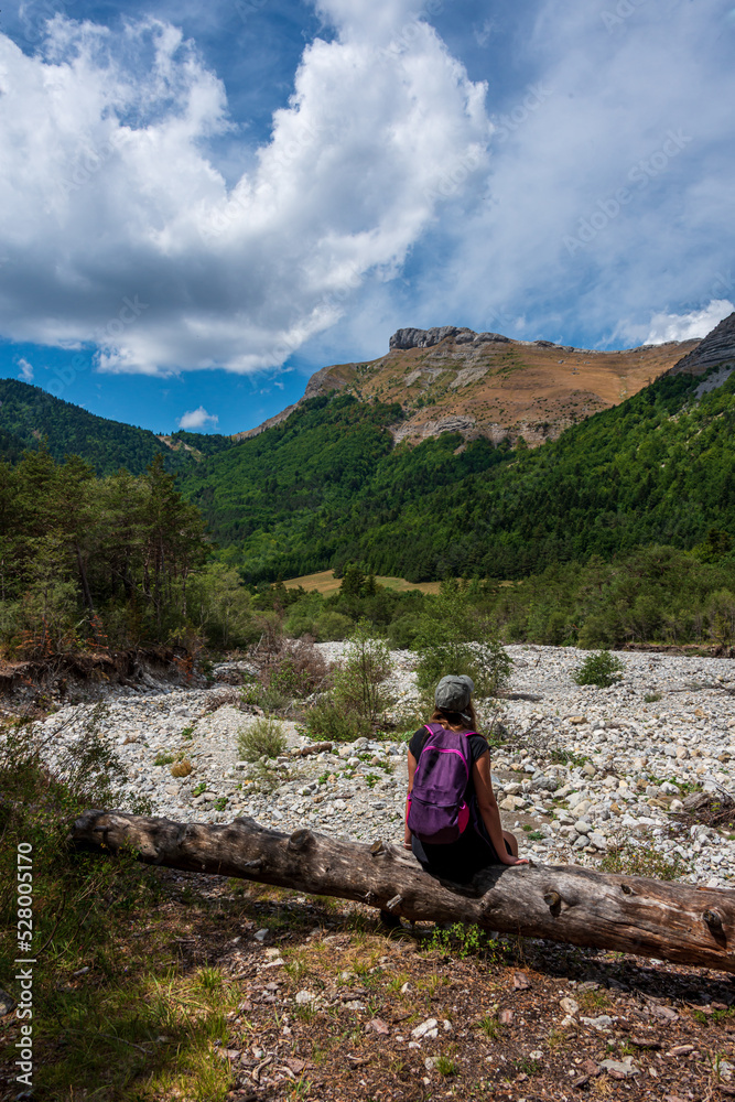 Fototapeta premium young woman on adventure holiday looking at the vue in the French Alps .