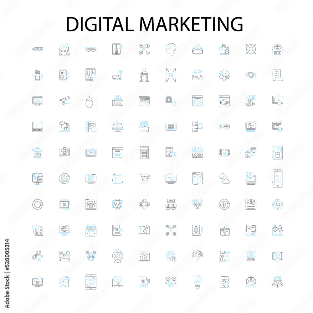 digital marketing and technology icons, signs, outline symbols, concept linear illustration line collection