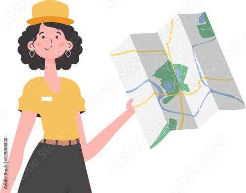 Girl delivery operator with a map in her hands. The character is depicted to the waist. Isolated on white background. Vector.