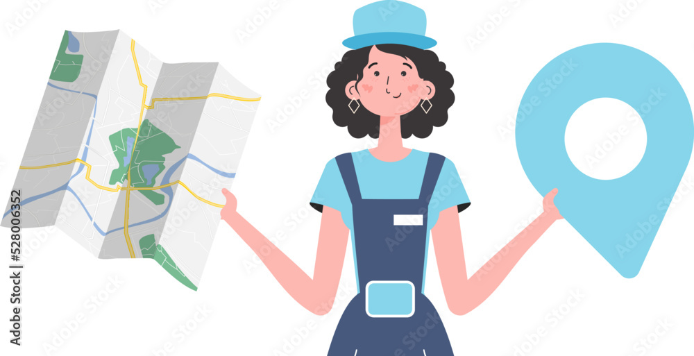 The girl is holding a map. The trendy character is depicted to the waist. Isolated on white background. Vector. The girl is holding a map. The trendy character is depicted to the waist. Isolated on white background. Vector.