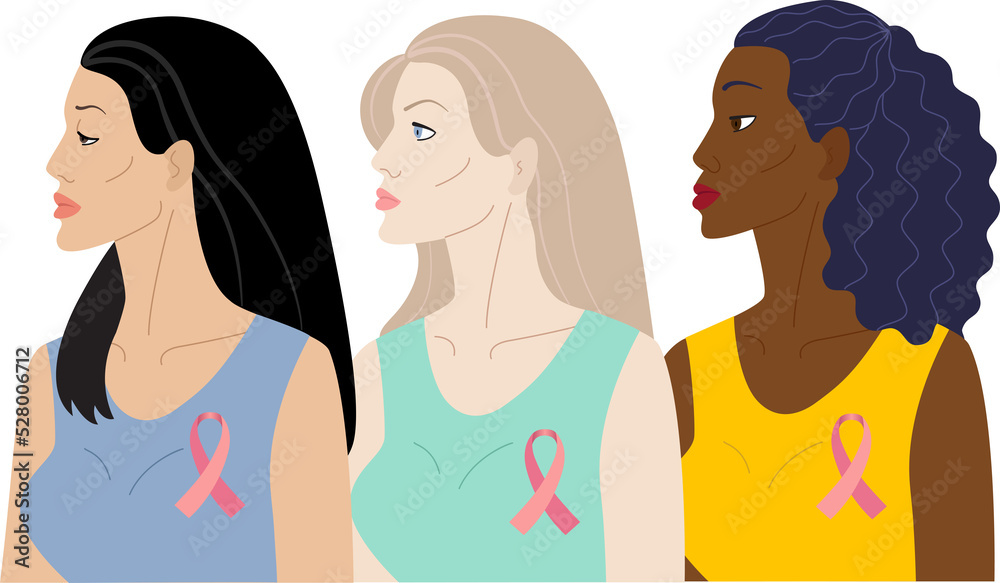 Breast Cancer Awareness Month. Three women with pink ribbons of different nationalities stand together. Concept of support for people struggling with cancer. Breast Cancer Awareness Month. Three women with pink ribbons of different nationalities stand together. Concept of support for people struggling with cancer.