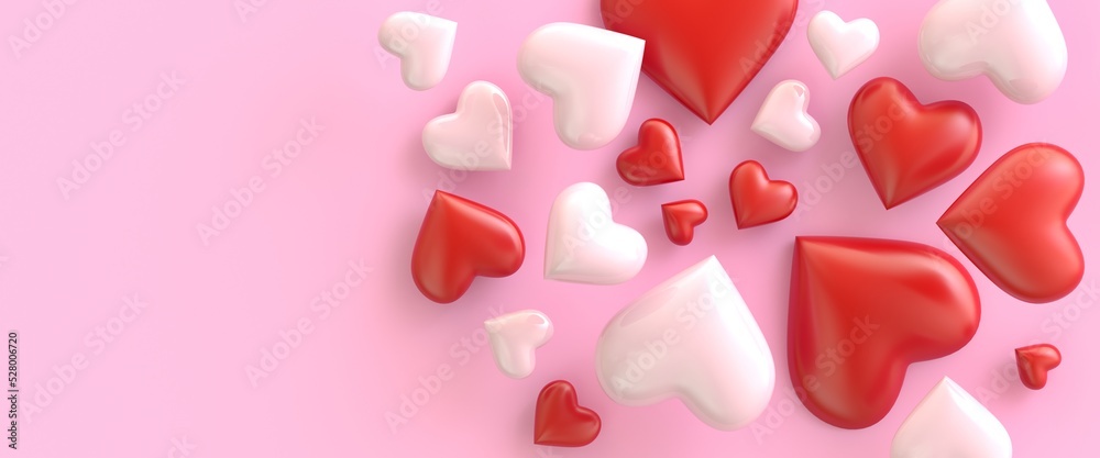 Red and pink hearts on a red background. Valentine's day card. 3d render