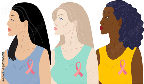 Breast Cancer Awareness Month. Three women with pink ribbons of different nationalities stand together. Concept of support for people struggling with cancer.