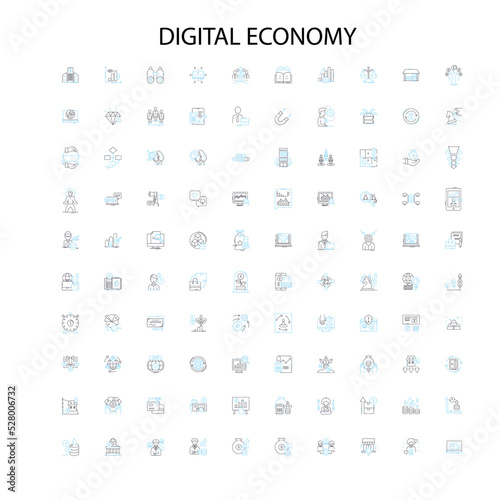 digital economy icons, signs, outline symbols, concept linear illustration line collection