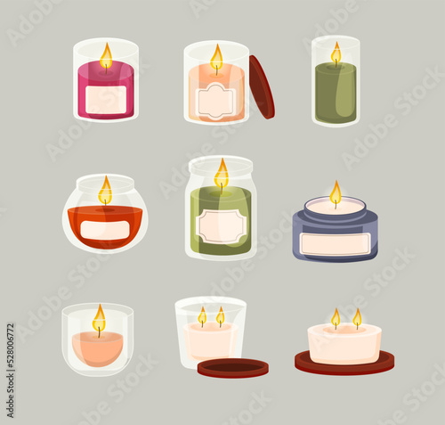 paraffin aromatic candles for aroma therapy isolated on light background. Cute hygge home decoration, holiday decorative design element. Flat cartoon colorful vector illustration.