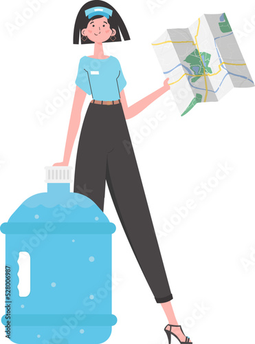 Girl water delivery operator holding a map. The character is depicted in full growth. Isolated on white background. Vector.
