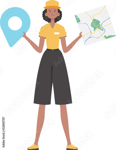 Girl water delivery operator holding a map. The trendy character is depicted in full growth. Isolated. Vector.