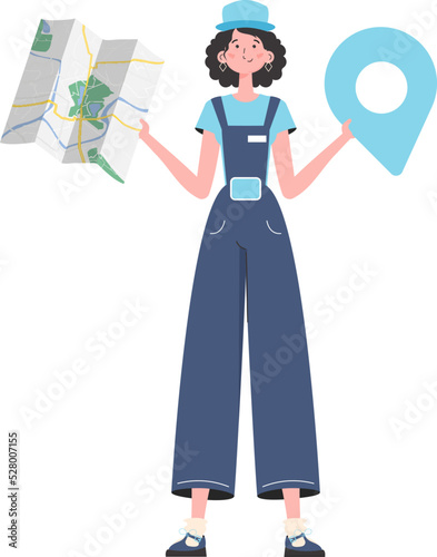 Girl water delivery operator holding a map. Stylish character is depicted in full growth. Isolated. Vector illustration.