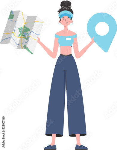 Girl water delivery operator holding a map. Stylish character is depicted in full growth. Isolated. Vector.