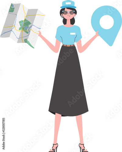 Girl water delivery operator holding a map. Cartoon style character depicted in full growth. Isolated on white background. Vector illustration.