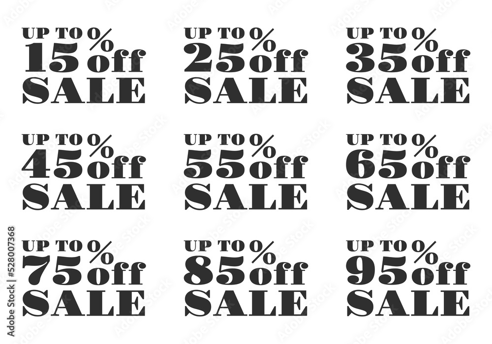 Sale icon set. 15, 25, 35, 45, 55, 65, 75, 85, 95 percent price off. Discount tag, label or sign. Promotion sticker design. Business, advertising, marketing badge. Vector illustration.
