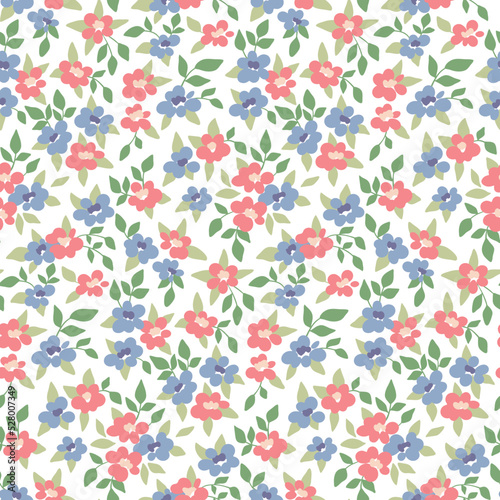 Seamless floral pattern  cute ditsy print with rustic motifs. Romantic botanical surface design with small flowers  leaves in liberty composition on white background. Vector.