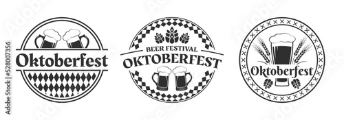 Oktoberfest logo or label set. Beer fest round badges with mug icons. German, Bavarian October festival design elements. Vector illustration.
