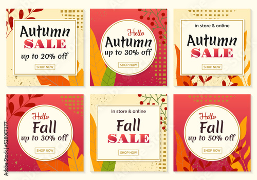Autumn sale background set. Social media post or banner design with foliage border. Promotion, discount posters with fall leaves frame. Thanksgiving, fashion advertising template. Vector illustration.