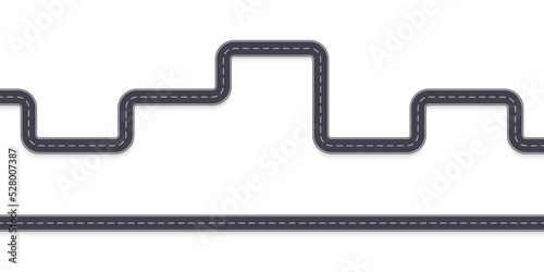 Road template set. High view. Straight and curve asphalt highway. Winding path or route. Vector illustration. 