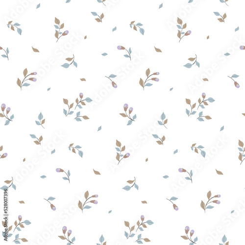 Seamless floral pattern, trendy botanical print with rustic motifs. Abstract composition of small twigs with flowers and leaves on a white background. Vector illustration. © Yulya i Kot