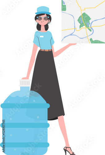 Girl water delivery operator holding a map. The character is depicted in full growth. Isolated on white background. Vector illustration.