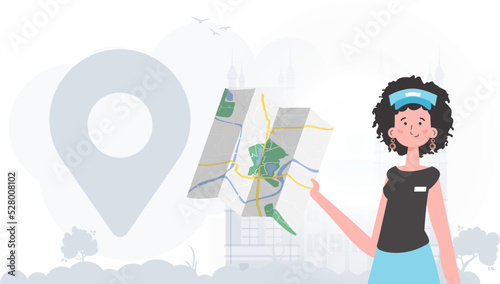 Delivery concept. The girl is holding a map. The character is depicted to the waist. Vector.