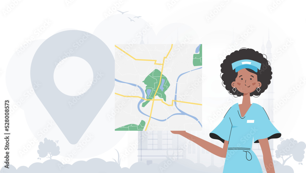 Delivery concept. The girl is holding a map. The trendy character is shown to the waist. Vector. Delivery concept. The girl is holding a map. The trendy character is shown to the waist. Vector.