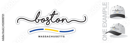 Boston Massachusetts USA, abstract Massachusetts flag ribbon, new modern handwritten typography calligraphic logo icon with example of application