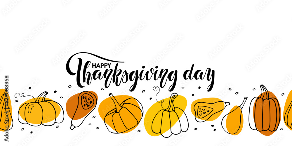 Happy Thanksgiving day banner with pumpkin sketch. Seamless Pumpkin border. Hand drawn autumn vector backdrop. Repeated vector illustration for wrapping paper, scrapbooking. Fall harvest festival