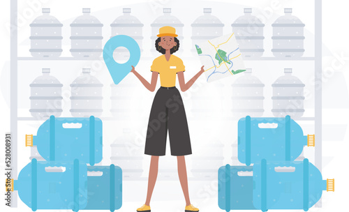 Girl water delivery operator holding a map. The character is depicted in full growth. Vector.