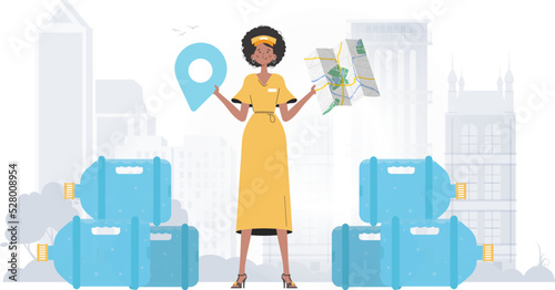 Girl water delivery operator holding a map. The trendy character is depicted in full growth. Vector illustration.