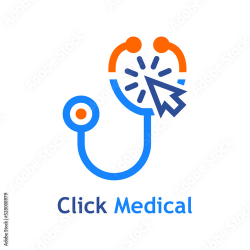 Telemedicina. Logo de médico en línea. Atención médica remota. Silueta de estetoscopio con flecha de cursor