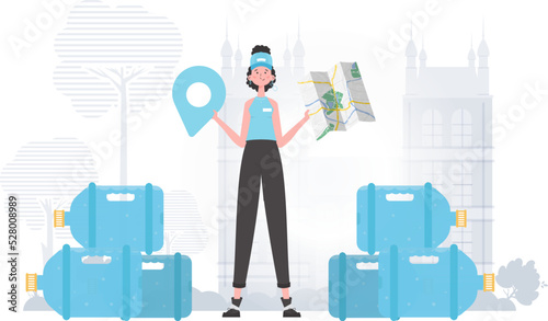 Girl water delivery operator holding a map. The trendy character is depicted in full growth. Vector.