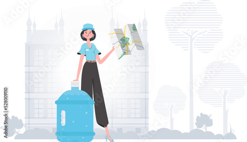 Girl water delivery operator holding a map. Cartoon style character depicted in full growth. Vector.