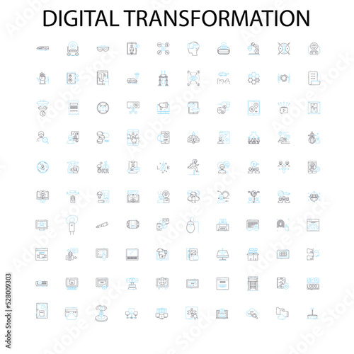 digital transformation icons, signs, outline symbols, concept linear illustration line collection