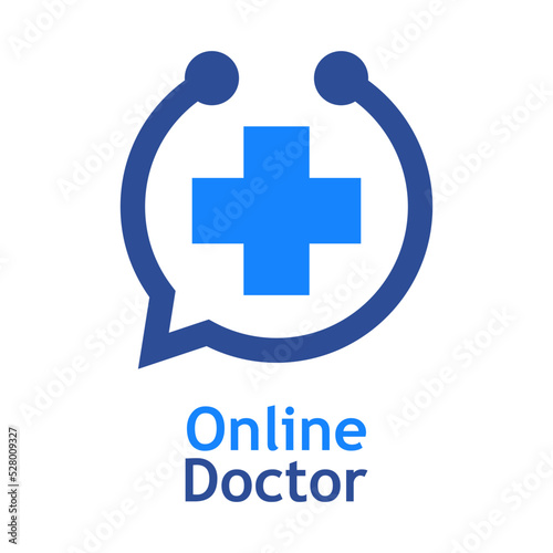 Telemedicina. Logo de médico en línea. Atención médica remota. Silueta de cruz medicina en estetoscopio con forma de burbuja de habla aislada