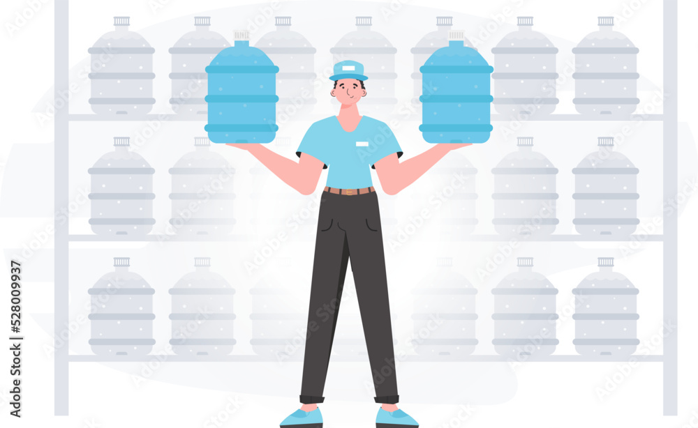 Obraz premium A man is holding a bottle of water. Delivery concept. The character is depicted in full growth. Vector illustration.