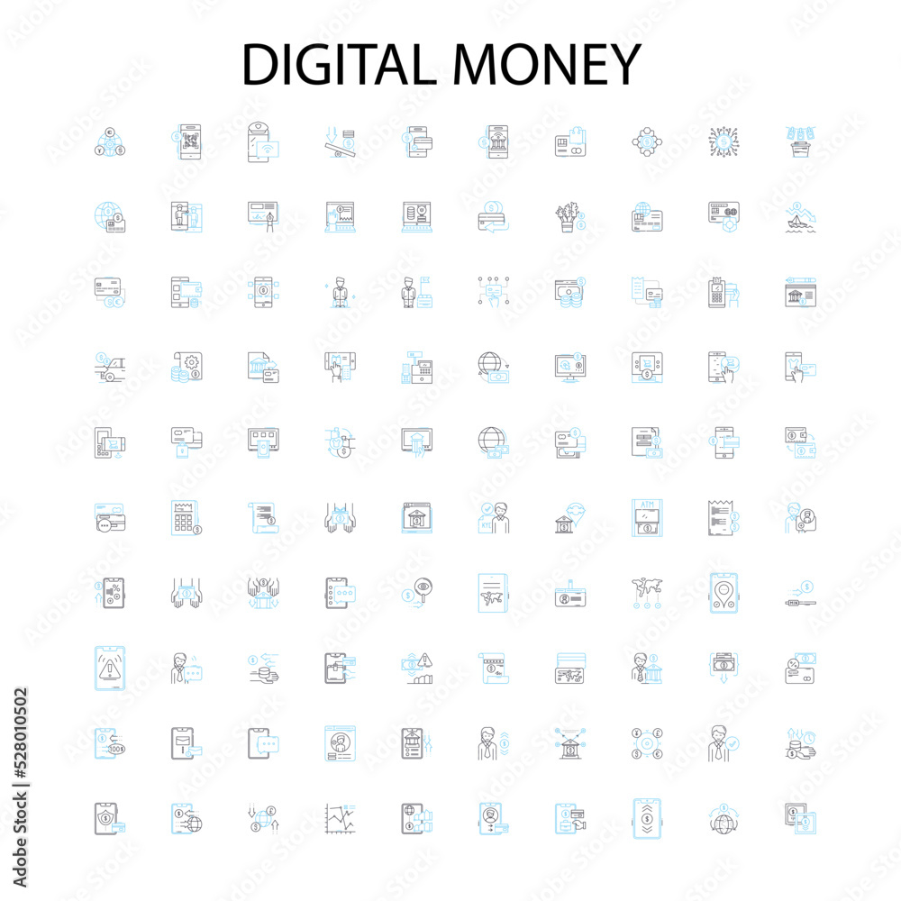digital money icons, signs, outline symbols, concept linear illustration line collection digital money icons, signs, outline symbols, concept linear illustration line collection