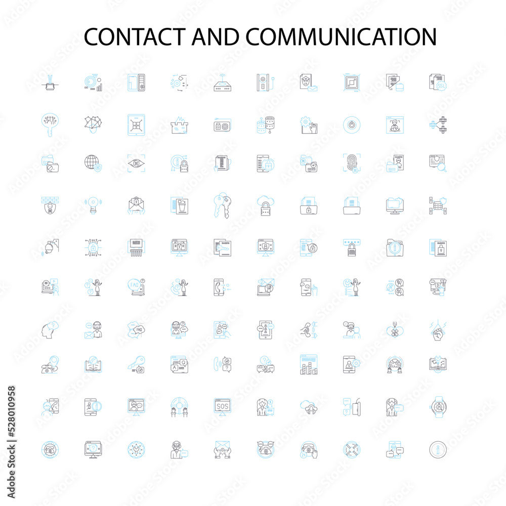contact and communication icons, signs, outline symbols, concept linear illustration line collection