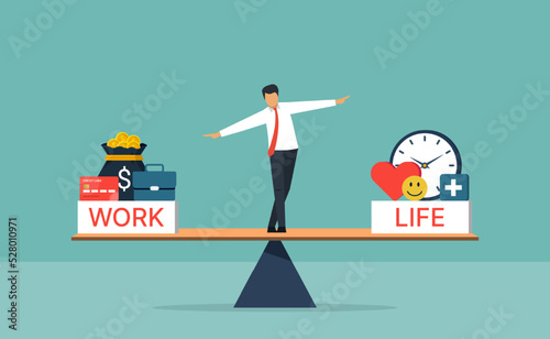 Work life balance concept, businessman standing with WORK and LIFE on seesaw photo