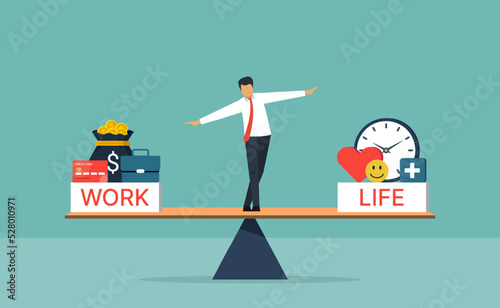 Work life balance concept, businessman standing with WORK and LIFE on seesaw