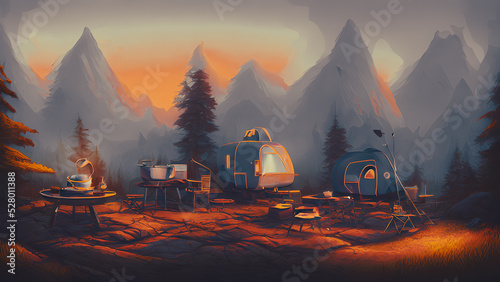 Artistic concept painting of a beautiful camping outdoor  background illustration.