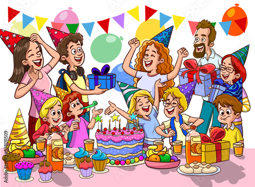 Cartoon kids party poster with big table sweets and gifts in birthday celebration vector illustration
