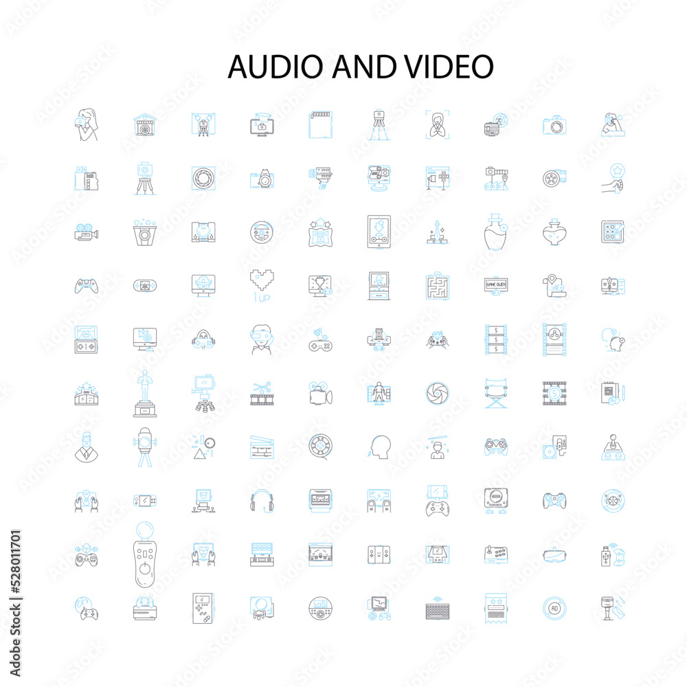 audio and video icons, signs, outline symbols, concept linear illustration line collection