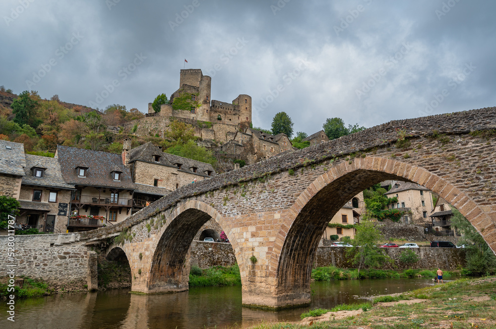 Belcastel medieval castle and town in the south of France, Aveyron Occitania, view of the antique medieval stone buildings, High quality photo