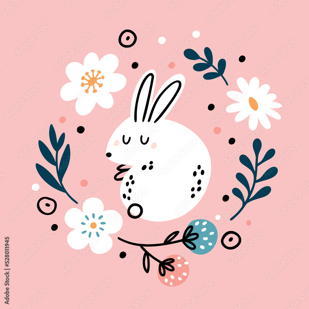 Baby bunny print in cartoon style. Cute white hare with flowers. Festive little animal rabbit with floral wreath. Childish greeting illustration 