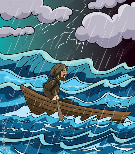 fisherman trying to make his way through the stormy sea.Fisherman in turbulent sea with storm clouds.