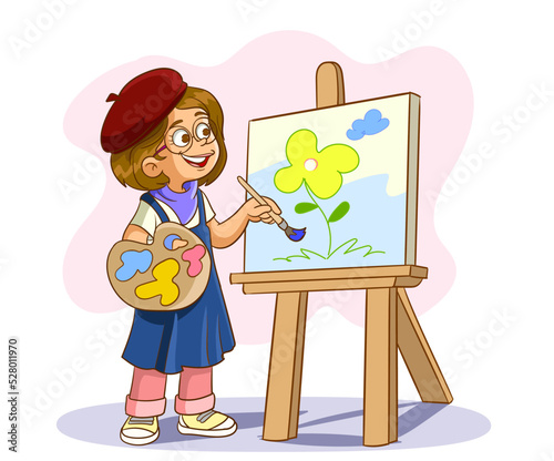 Art club after lessons for pupils. Girl standing with colorful paint palette and brush or tassel. Kid drawing painting on canvas or easel. Back to school concept. Flat cartoon vector illustration